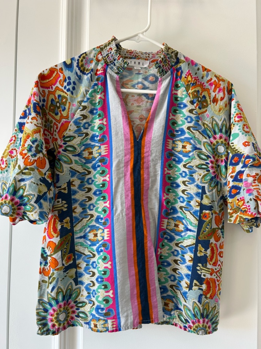 THML Multicolor Floral-Stripe Short Sleeve Top — Blue, Pink, Orange, Green